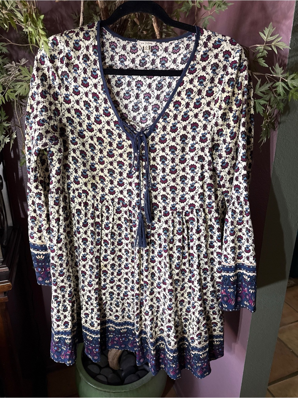 En Creme Cream Floral Mini Dress with Navy Trim